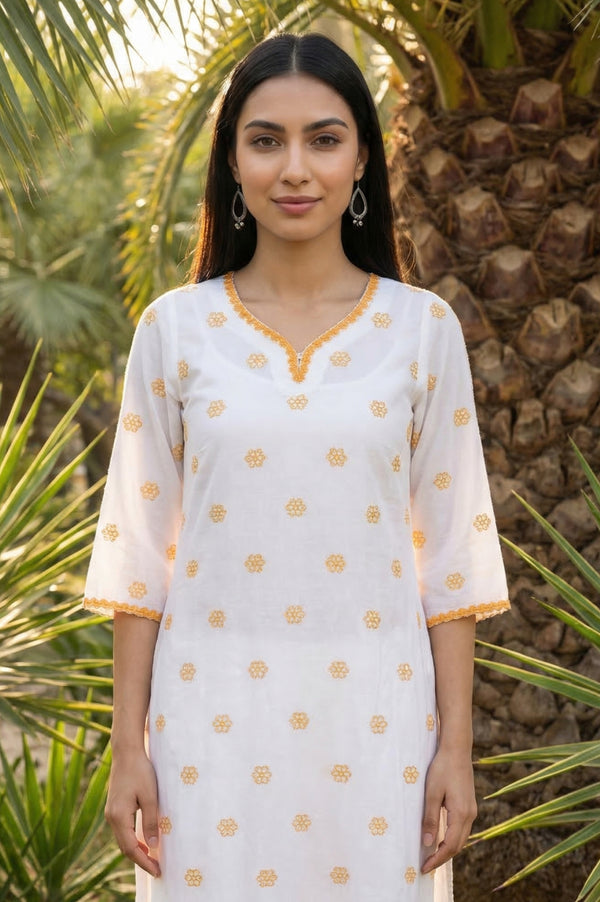 White Thread Embroidered Rayon Straight Kurta and Palazzo Co-ord Set