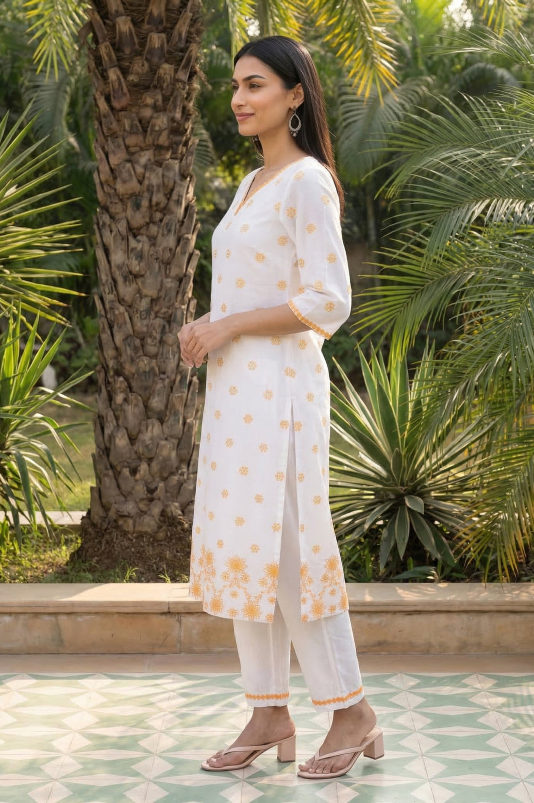 White Thread Embroidered Rayon Straight Kurta and Palazzo Co-ord Set