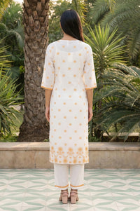 White Thread Embroidered Rayon Straight Kurta and Palazzo Co-ord Set