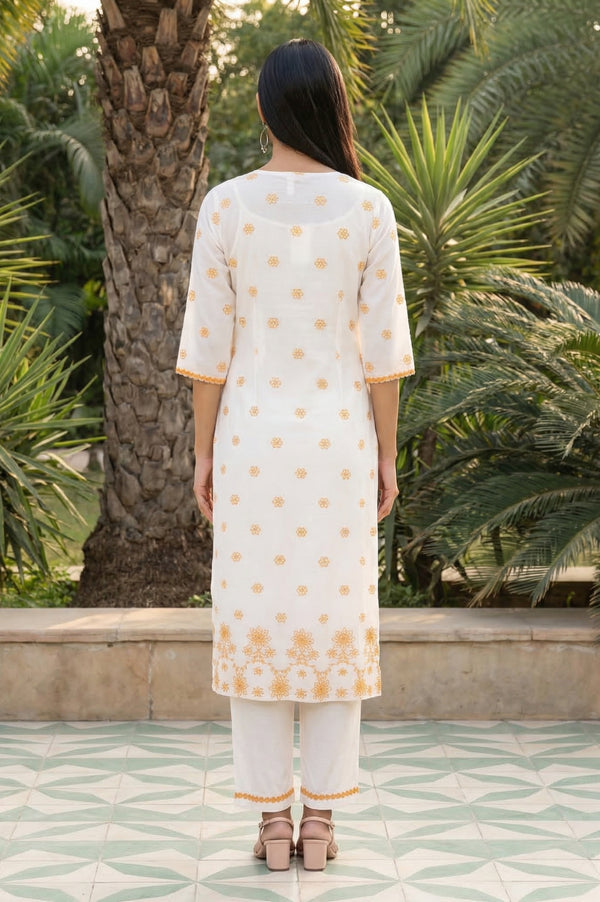 White Thread Embroidered Rayon Straight Kurta and Palazzo Co-ord Set