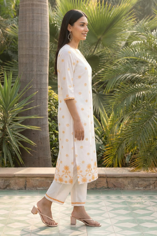 White Thread Embroidered Rayon Straight Kurta and Palazzo Co-ord Set
