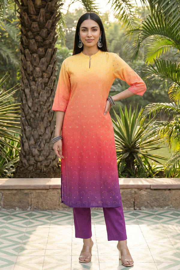 Orange Ombre Embroidered Schiffli Rayon Straight Kurta with Trousers Co-ord Set