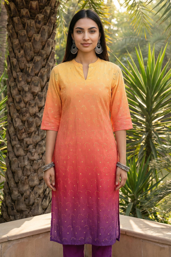 Orange Ombre Embroidered Schiffli Rayon Straight Kurta with Trousers Co-ord Set