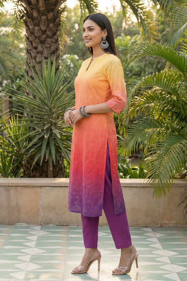 Orange Ombre Embroidered Schiffli Rayon Straight Kurta with Trousers Co-ord Set