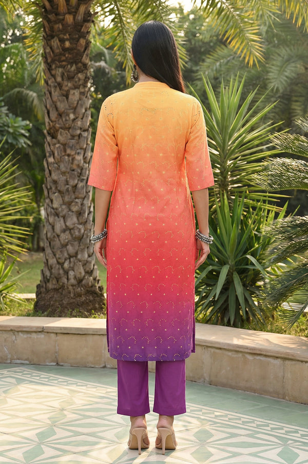 Orange Ombre Embroidered Schiffli Rayon Straight Kurta with Trousers Co-ord Set