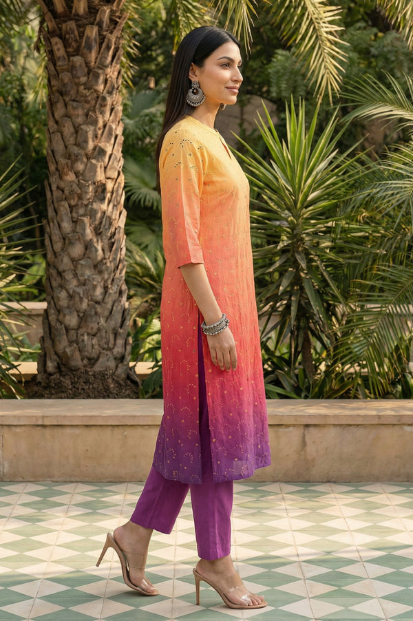 Orange Ombre Embroidered Schiffli Rayon Straight Kurta with Trousers Co-ord Set