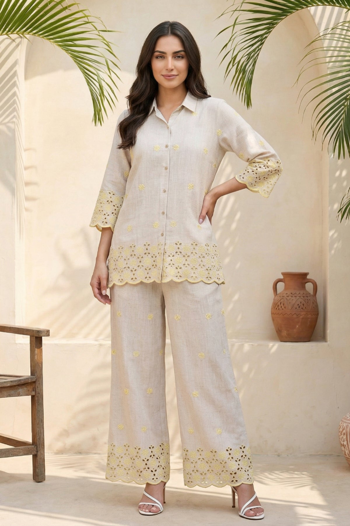 Beige Embroidered Straight Shirt and Palazzo Co-ord Set - XS