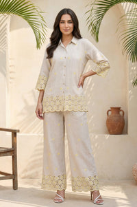 Beige Embroidered Straight Shirt and Palazzo Co-ord Set