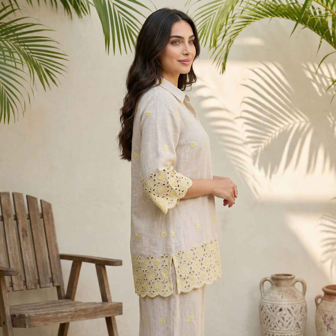Beige Embroidered Straight Shirt and Palazzo Co-ord Set