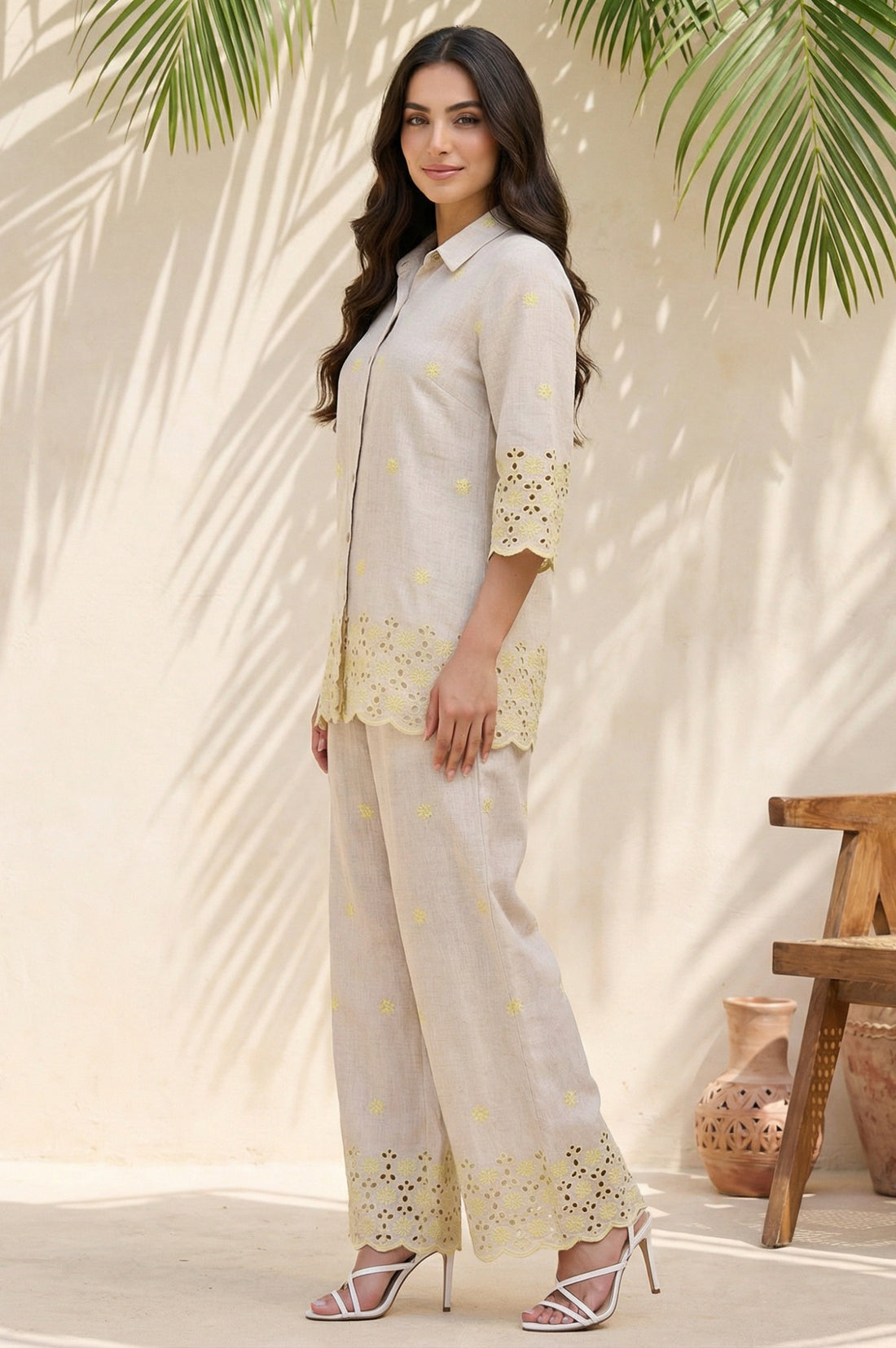 Beige Embroidered Straight Shirt and Palazzo Co-ord Set