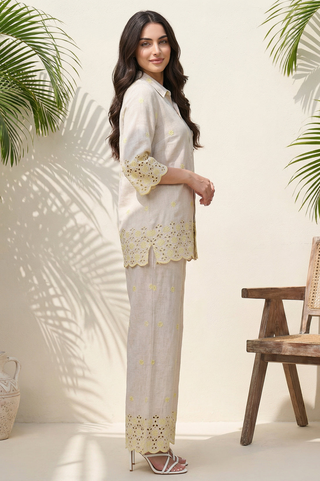 Beige Embroidered Straight Shirt and Palazzo Co-ord Set