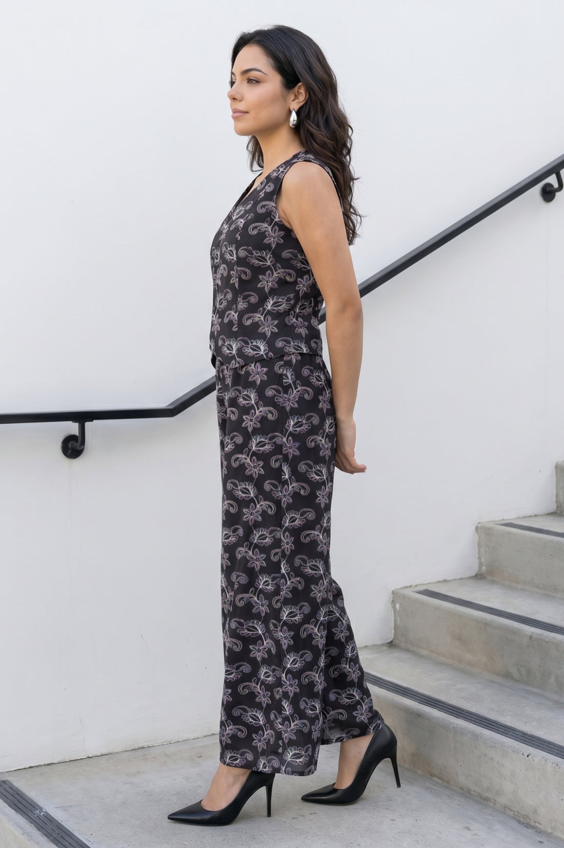 Black Embroidered Pure Cotton Sleeveless Vest Top with Palazzo Co-ord Set