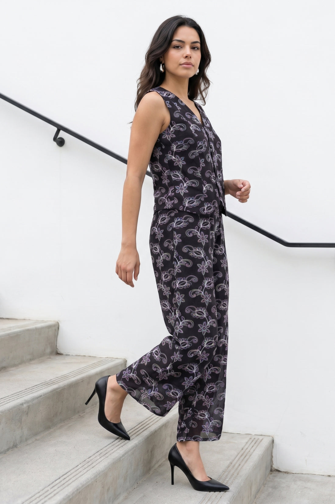 Black Embroidered Pure Cotton Sleeveless Vest Top with Palazzo Co-ord Set