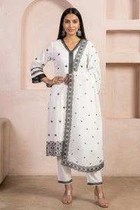 White Thread Embroidered Pure Cotton Straight Kurta with Trousers and Dupatta Set