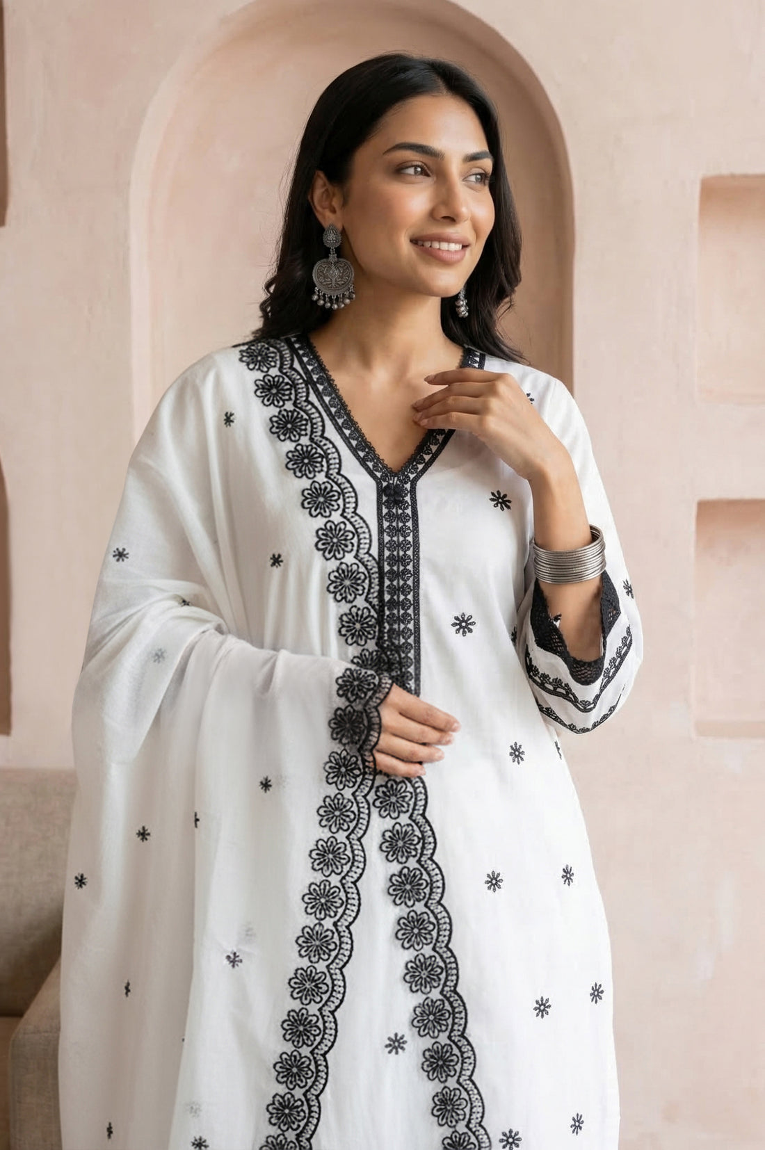 White Thread Embroidered Pure Cotton Straight Kurta with Trousers and Dupatta Set