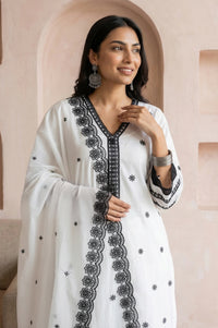 White Thread Embroidered Pure Cotton Straight Kurta with Trousers and Dupatta Set