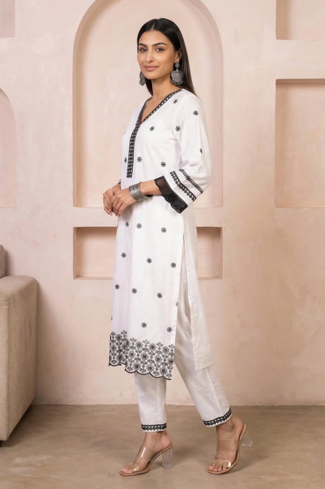 White Thread Embroidered Pure Cotton Straight Kurta with Trousers and Dupatta Set