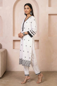 White Thread Embroidered Pure Cotton Straight Kurta with Trousers and Dupatta Set