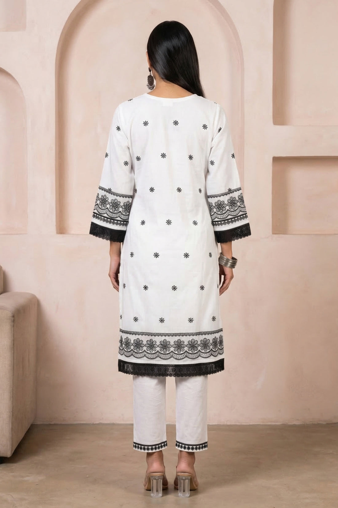 White Thread Embroidered Pure Cotton Straight Kurta with Trousers and Dupatta Set