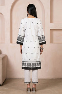 White Thread Embroidered Pure Cotton Straight Kurta with Trousers and Dupatta Set