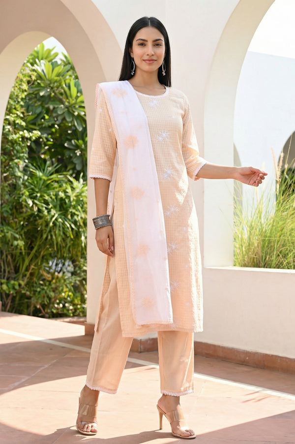 Peach Thread Embroidered Pure Cotton Straight Kurta and Palazzo Set with Dupatta