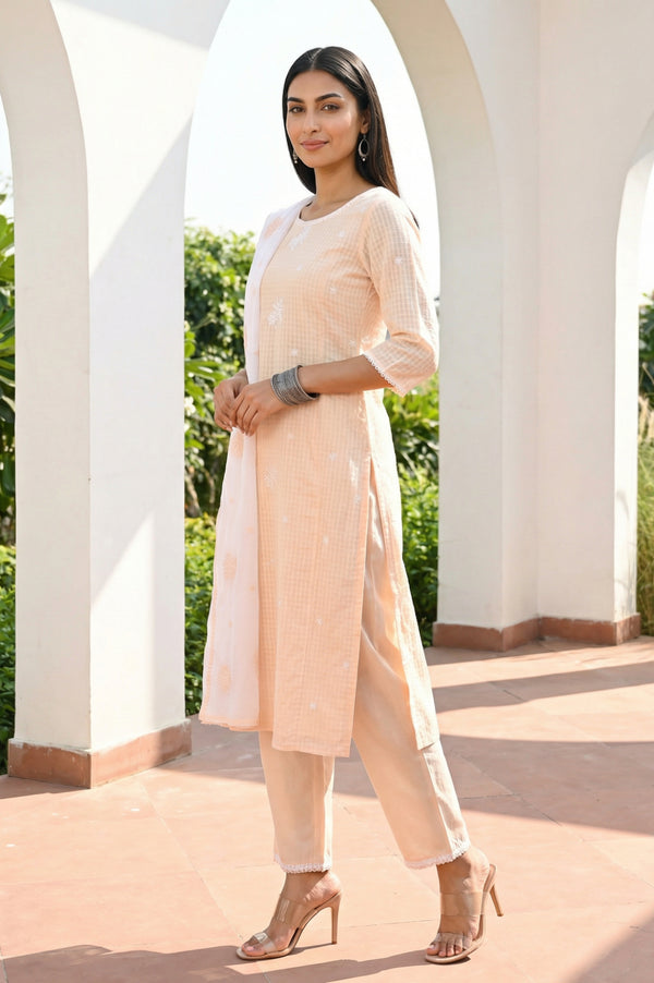 Peach Thread Embroidered Pure Cotton Straight Kurta and Palazzo Set with Dupatta