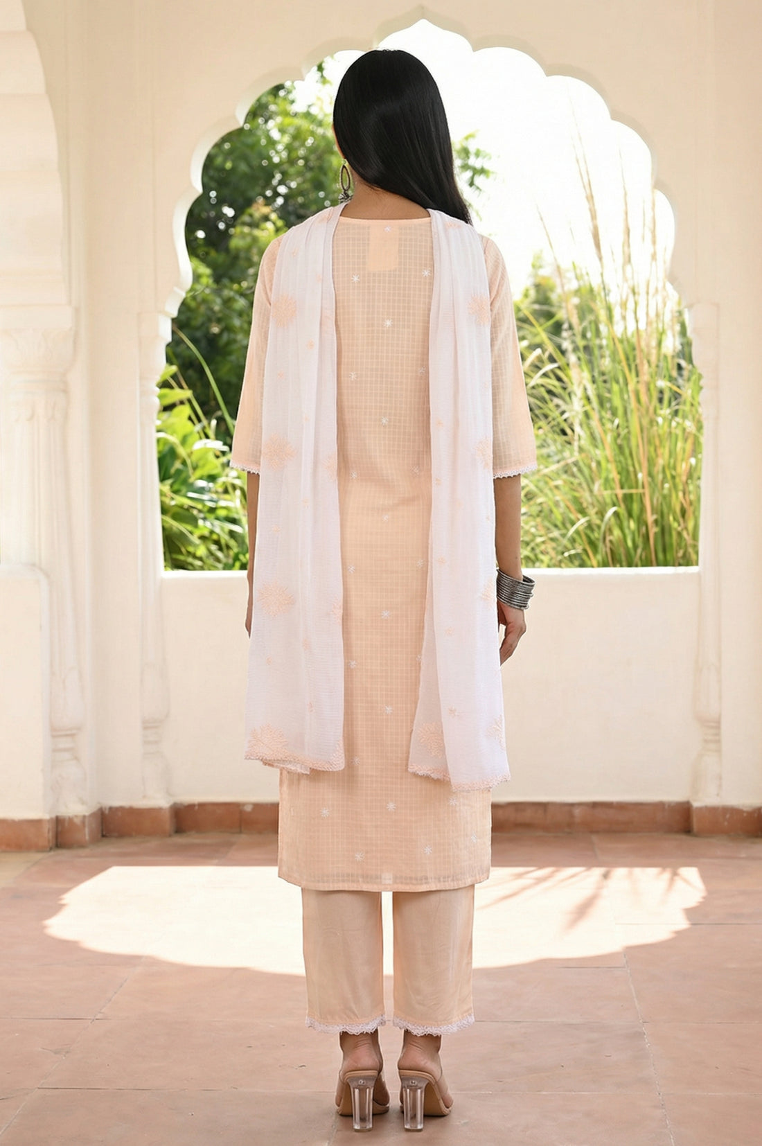 Peach Thread Embroidered Pure Cotton Straight Kurta and Palazzo Set with Dupatta