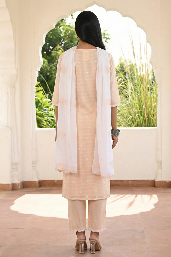 Peach Thread Embroidered Pure Cotton Straight Kurta and Palazzo Set with Dupatta