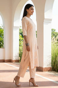 Peach Thread Embroidered Pure Cotton Straight Kurta and Palazzo Set with Dupatta