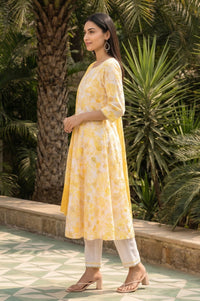 Yellow Paisley Printed Pure Cotton Flared Kurta with Trousers and Dupatta Set