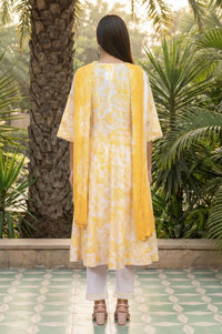 Yellow Paisley Printed Pure Cotton Flared Kurta with Trousers and Dupatta Set