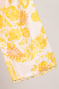 Yellow Paisley Printed Pure Cotton Flared Kurta with Trousers and Dupatta Set