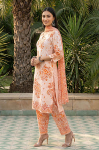 White and Peach Paisley Printed Thread Embroidered Pure Cotton Straight Kurta with Salwar and Dupatta Set
