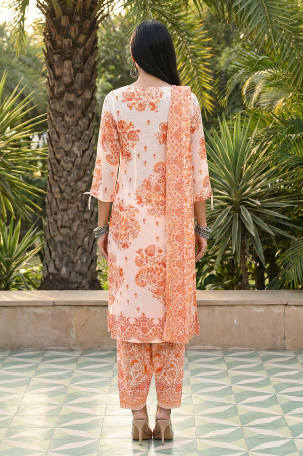 White and Peach Paisley Printed Thread Embroidered Pure Cotton Straight Kurta with Salwar and Dupatta Set