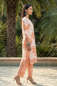 White and Peach Paisley Printed Thread Embroidered Pure Cotton Straight Kurta with Salwar and Dupatta Set