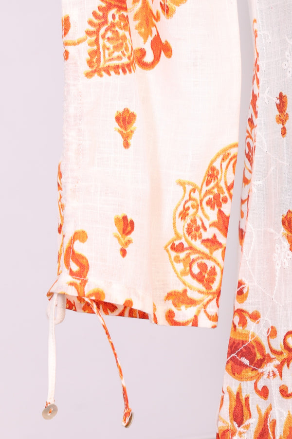 White and Peach Paisley Printed Thread Embroidered Pure Cotton Straight Kurta with Salwar and Dupatta Set