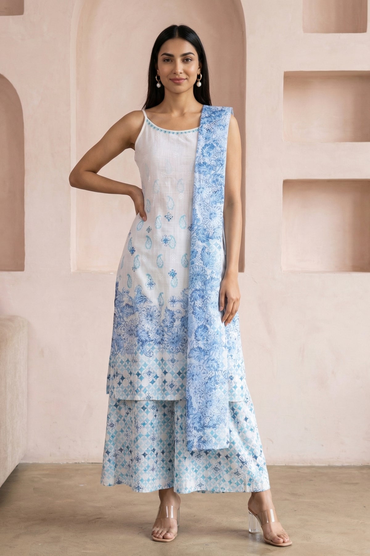 White Paisley Printed Rayon Noodle Straps Straight Kurta and Palazzo Set with Dupatta - XS
