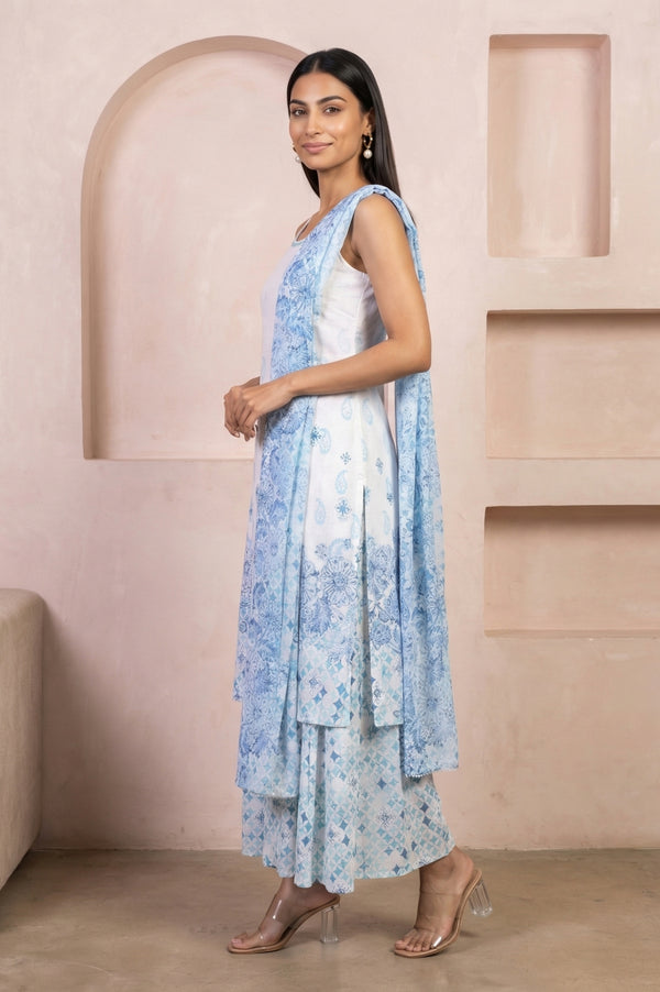 White Paisley Printed Rayon Noodle Straps Straight Kurta and Palazzo Set with Dupatta