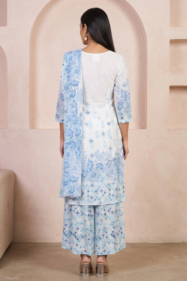 White Paisley Printed Rayon Noodle Straps Straight Kurta and Palazzo Set with Dupatta