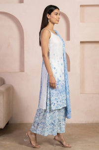 White Paisley Printed Rayon Noodle Straps Straight Kurta and Palazzo Set with Dupatta