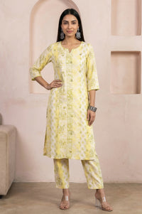 Yellow Floral Printed Embroidered Rayon Straight Kurta with Palazzo Co-ord Set