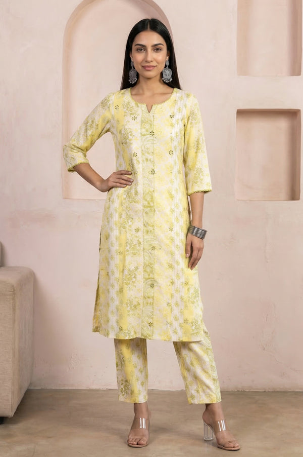 Yellow Floral Printed Embroidered Rayon Straight Kurta with Palazzo Co-ord Set