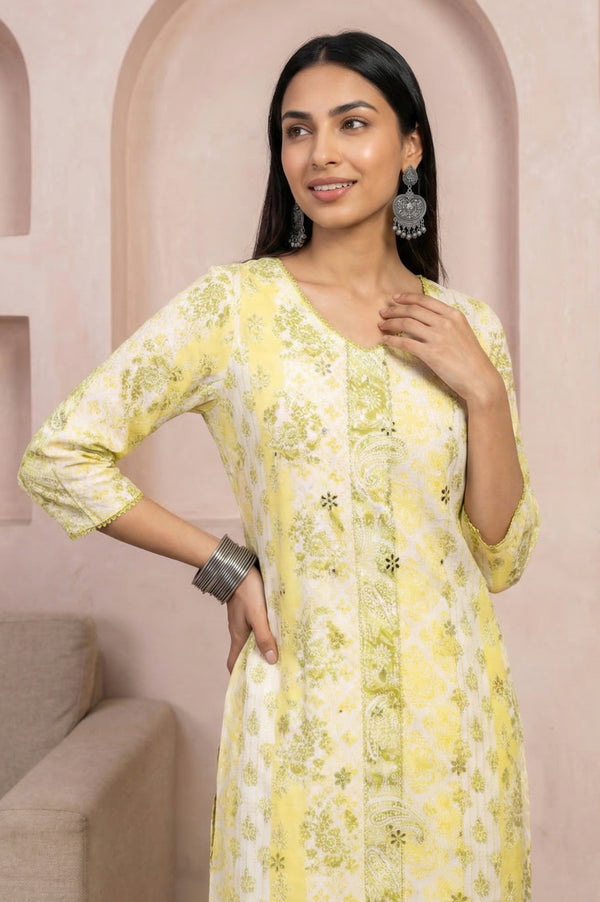 Yellow Floral Printed Embroidered Rayon Straight Kurta with Palazzo Co-ord Set