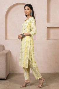 Yellow Floral Printed Embroidered Rayon Straight Kurta with Palazzo Co-ord Set