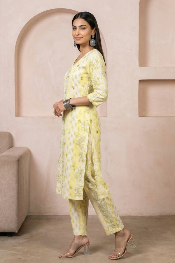 Yellow Floral Printed Embroidered Rayon Straight Kurta with Palazzo Co-ord Set