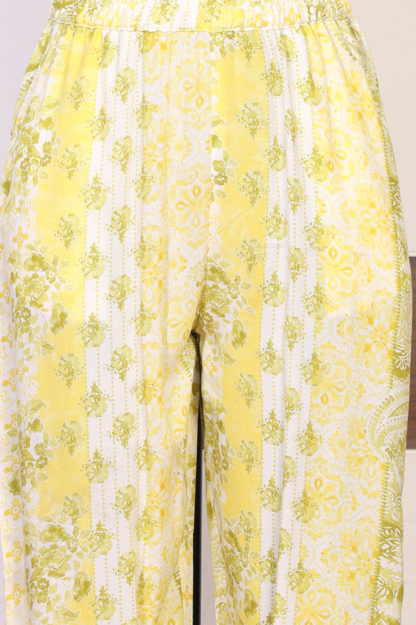Yellow Floral Printed Embroidered Rayon Straight Kurta with Palazzo Co-ord Set