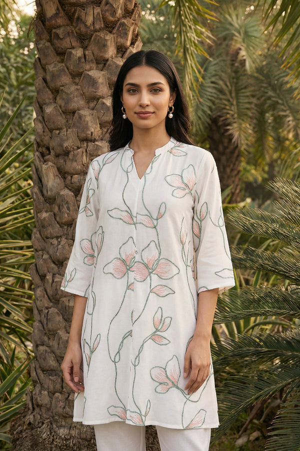 White Thread Embroidered Rayon Straight Kurta with Trousers Co-ord Set
