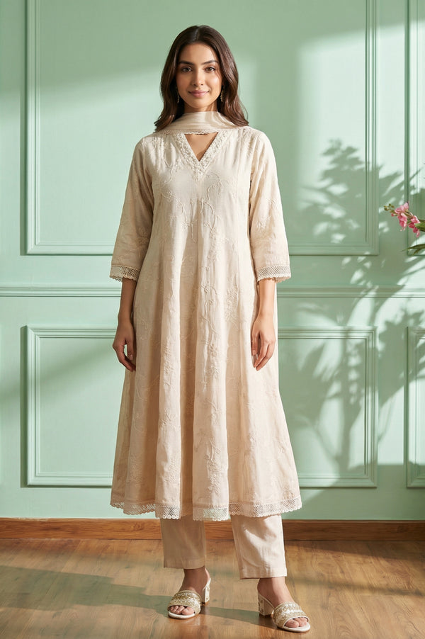 Beige Thread Embroidered Rayon Anarkali Kurta with Trousers and Dupatta Set