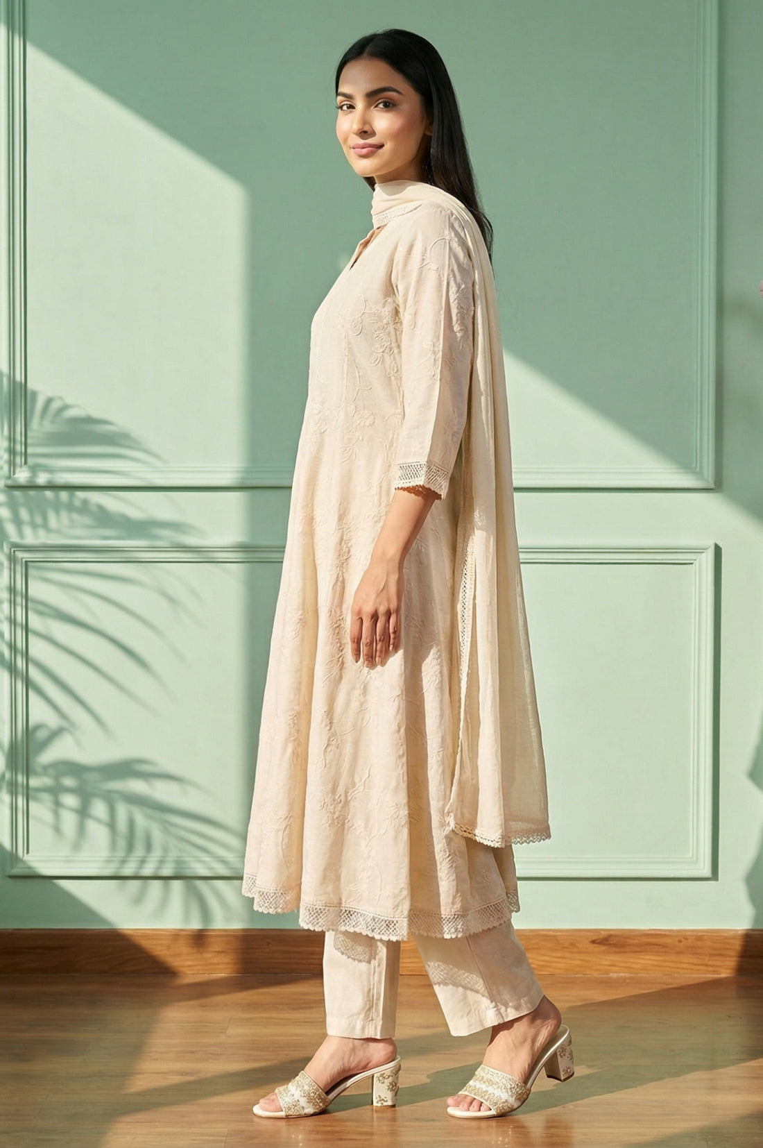 Beige Thread Embroidered Rayon Anarkali Kurta with Trousers and Dupatta Set