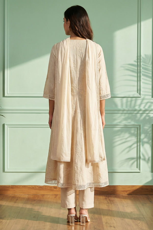 Beige Thread Embroidered Rayon Anarkali Kurta with Trousers and Dupatta Set